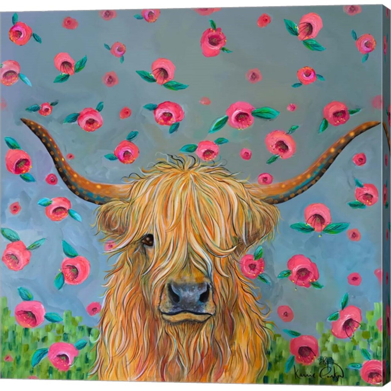 Highland Cow with Flowers by Karrie Evenson 12" x 12" Canvas Wall Art
